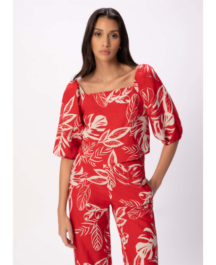 Blusa Puro Linho Summer Leaves Vermelho