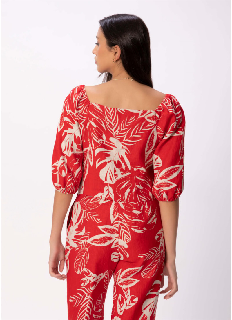 Blusa Puro Linho Summer Leaves Vermelho