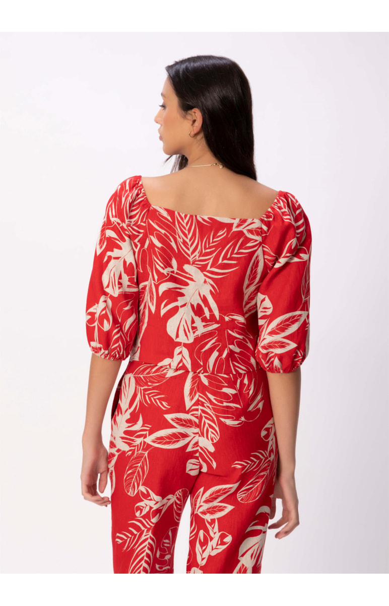 Blusa Puro Linho Summer Leaves Vermelho