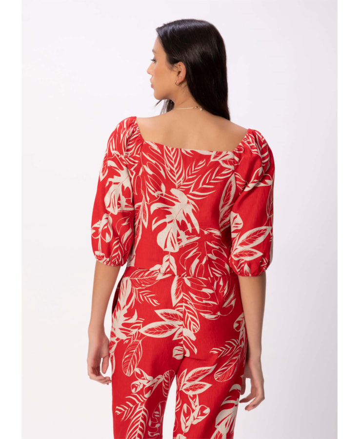 Blusa Puro Linho Summer Leaves Vermelho