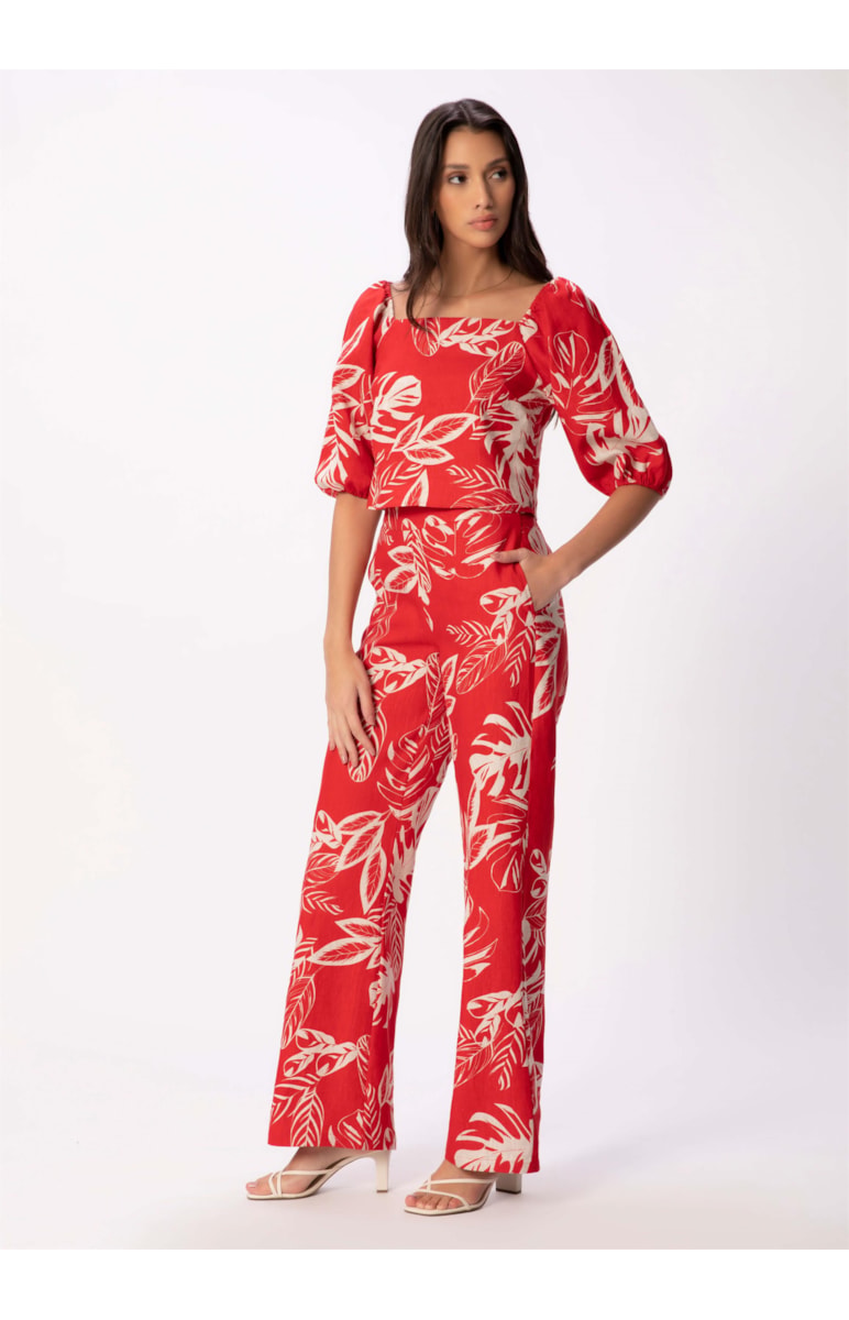Blusa Puro Linho Summer Leaves Vermelho