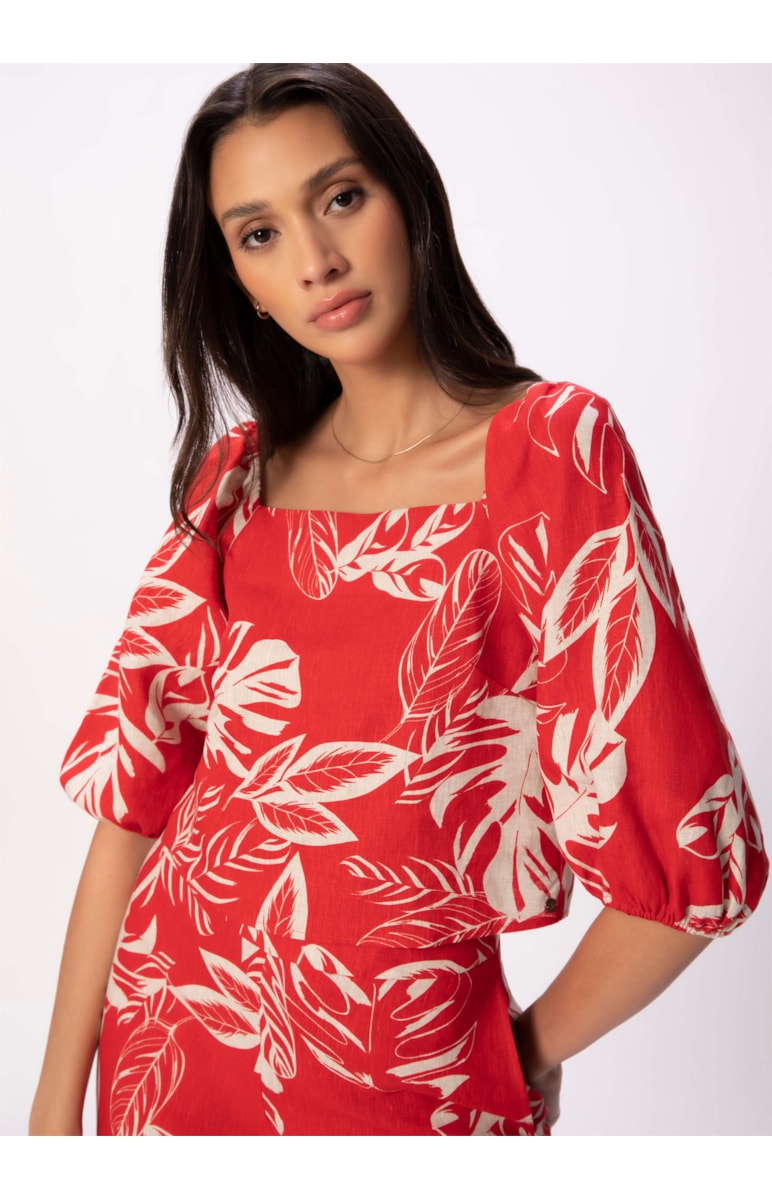 Blusa Puro Linho Summer Leaves Vermelho