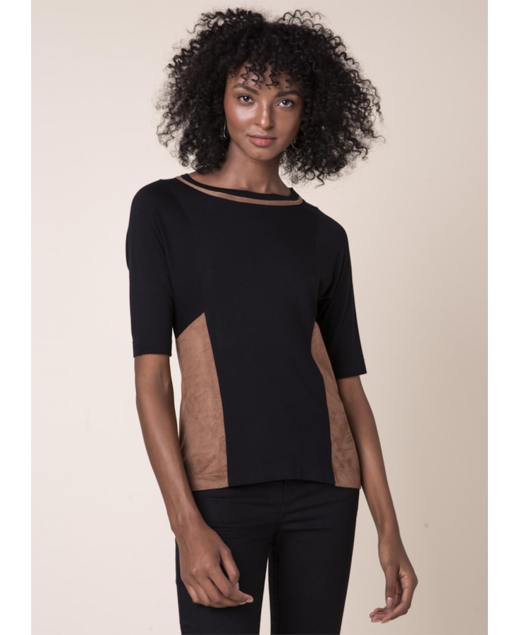 Blusa Recorte Suede Preto