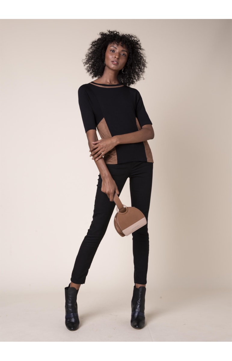 Blusa Recorte Suede Preto