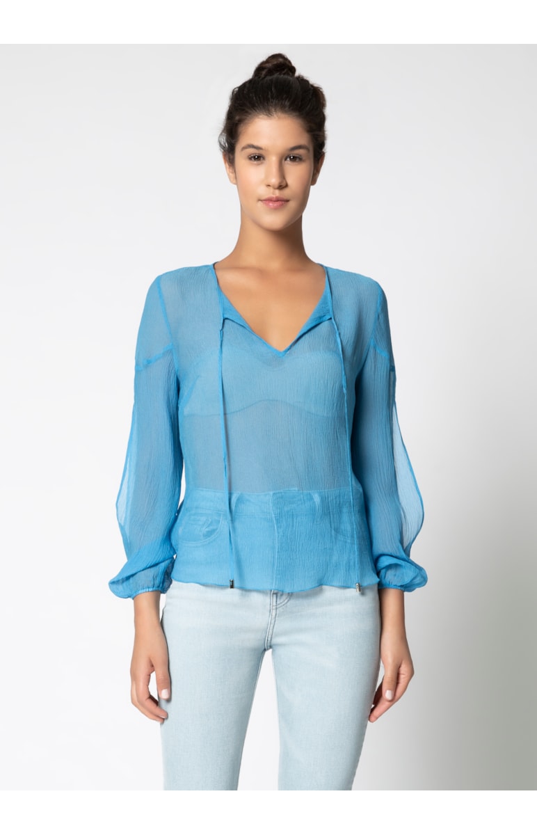 Blusa Seda Ml Vazada Detalhe Vivo Azul Claro