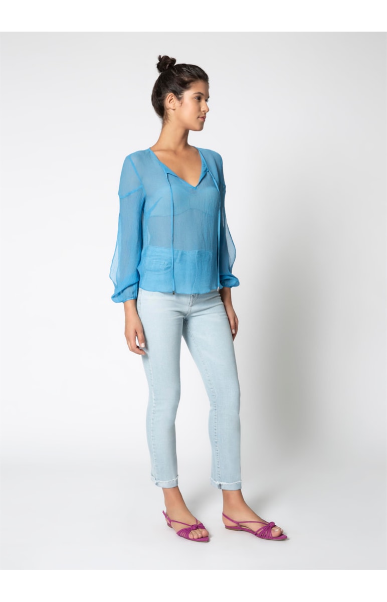 Blusa Seda Ml Vazada Detalhe Vivo Azul Claro
