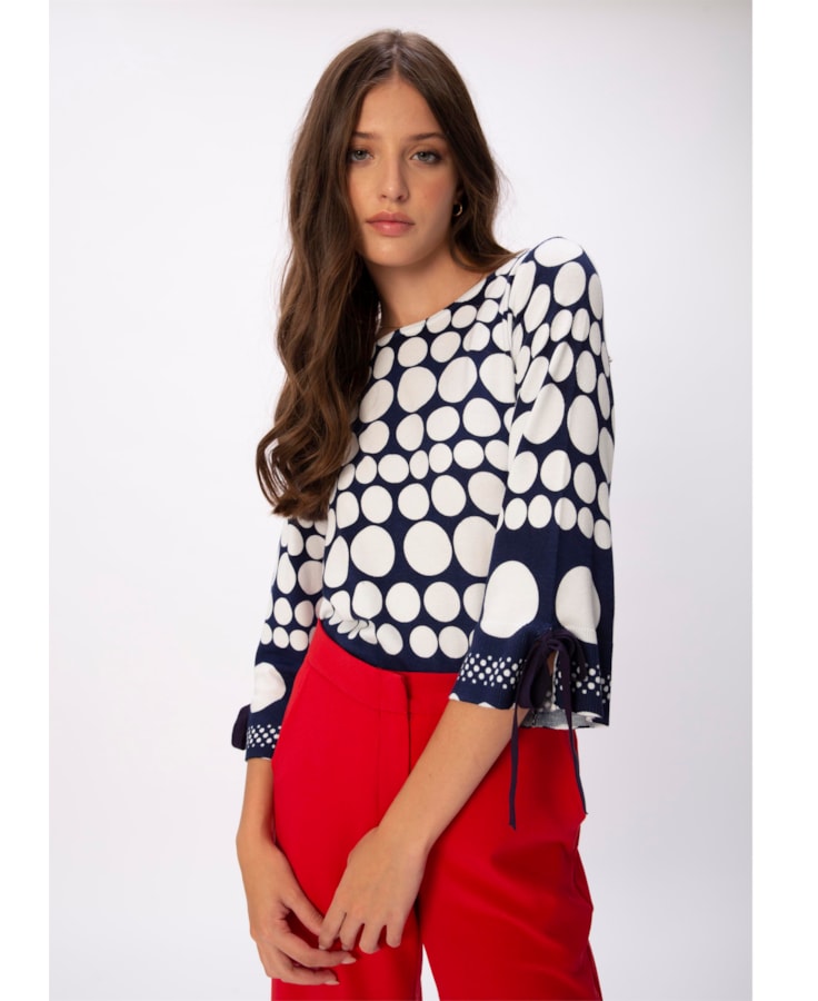 Blusa Tricot Bolas Marinho Com Off White