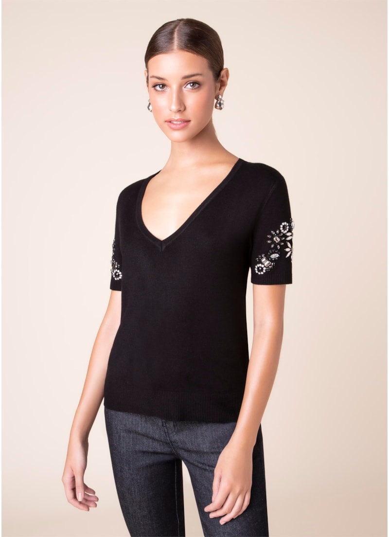 Blusa Tricot Bordado Preto
