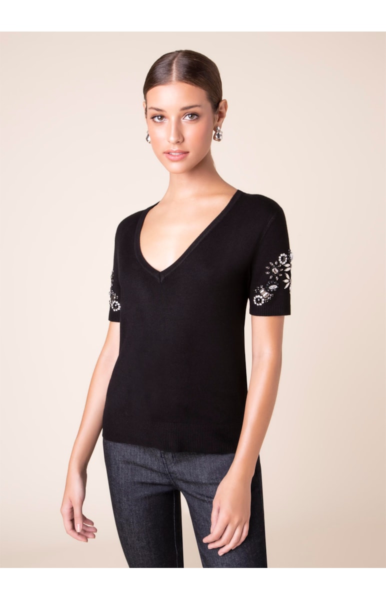 Blusa Tricot Bordado Preto