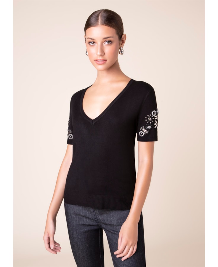 Blusa Tricot Bordado Preto