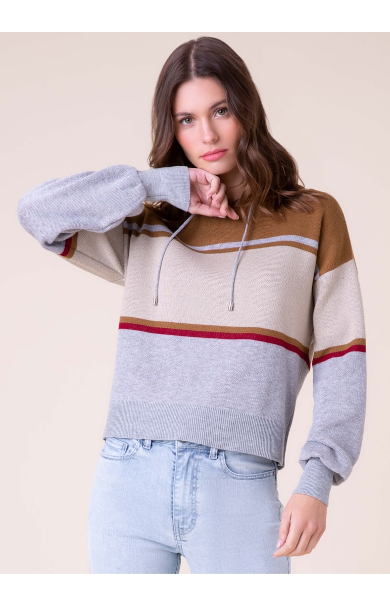 Blusa Tricot Capuz Listrada Camel