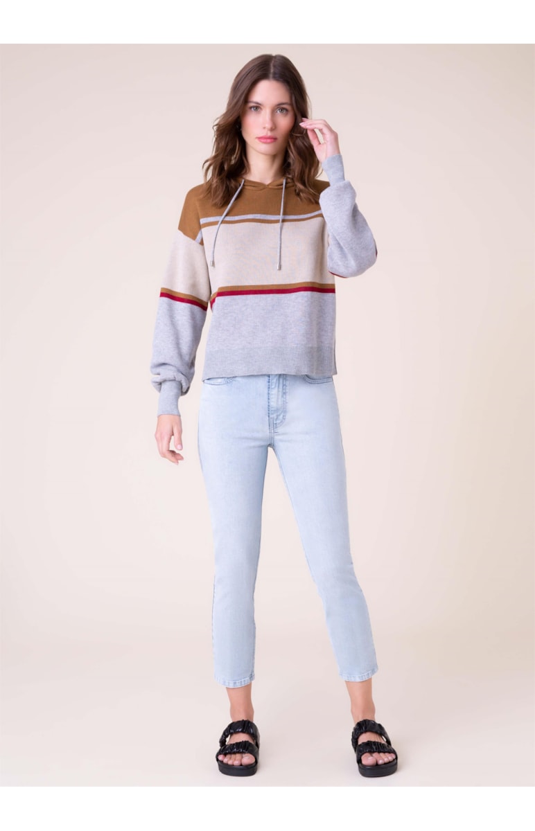 Blusa Tricot Capuz Listrada Camel