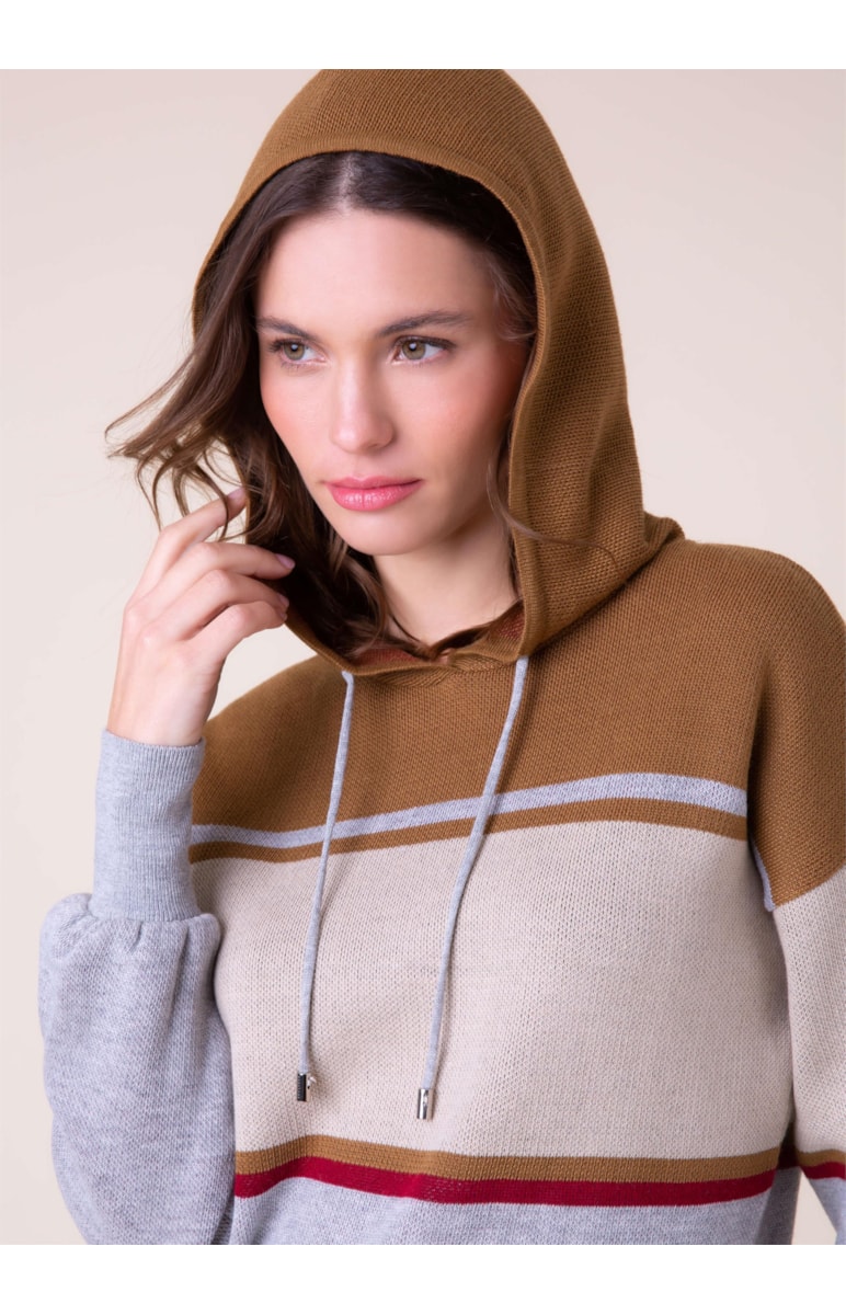 Blusa Tricot Capuz Listrada Camel