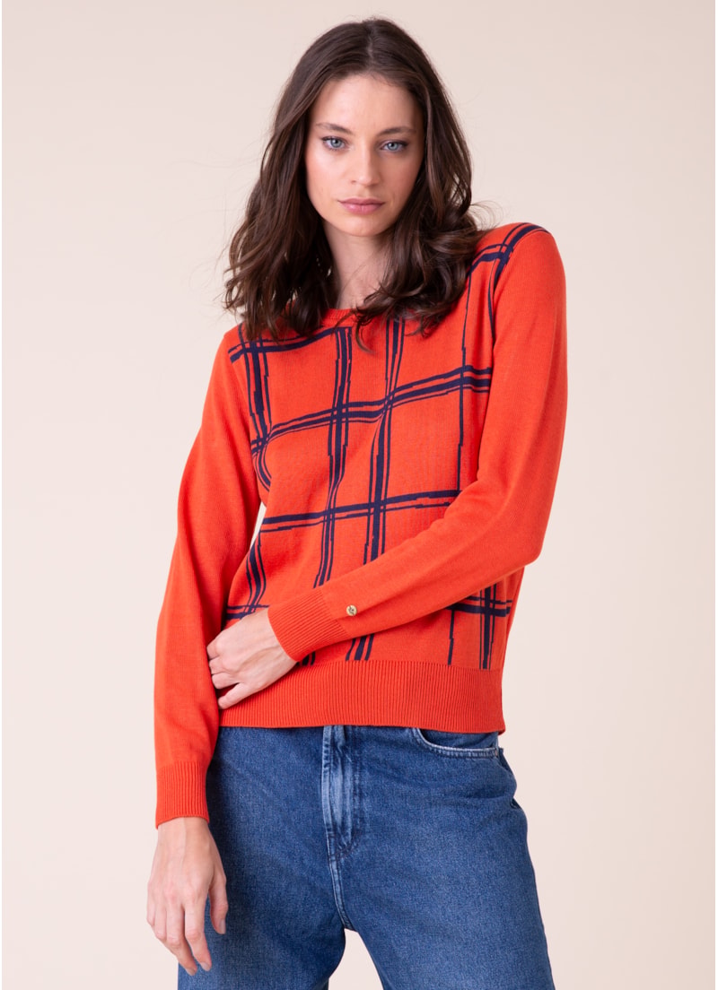 Blusa Tricot Jacquard Xadrez Laranja