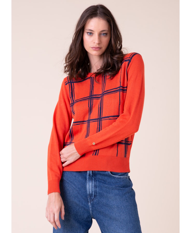 Blusa Tricot Jacquard Xadrez Laranja