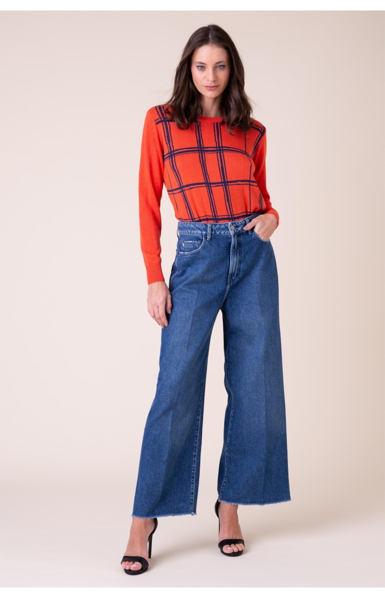 Blusa Tricot Jacquard Xadrez Laranja