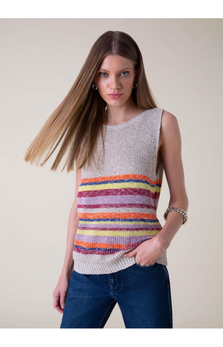 Blusa Tricot Stripes Sleeveless Off White