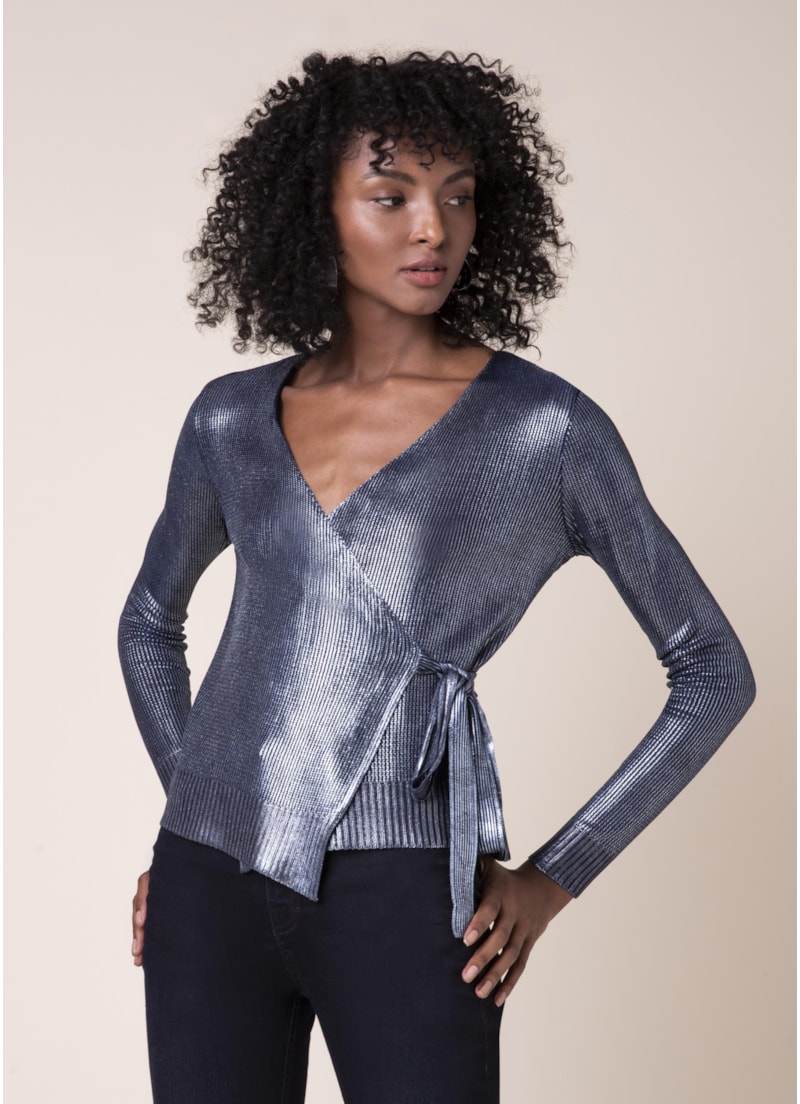 Blusa Tricot Transpassada Brilho Petroleo