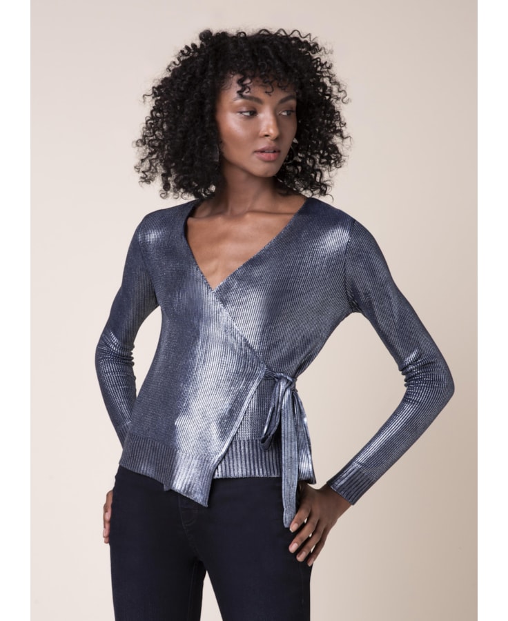 Blusa Tricot Transpassada Brilho Petroleo