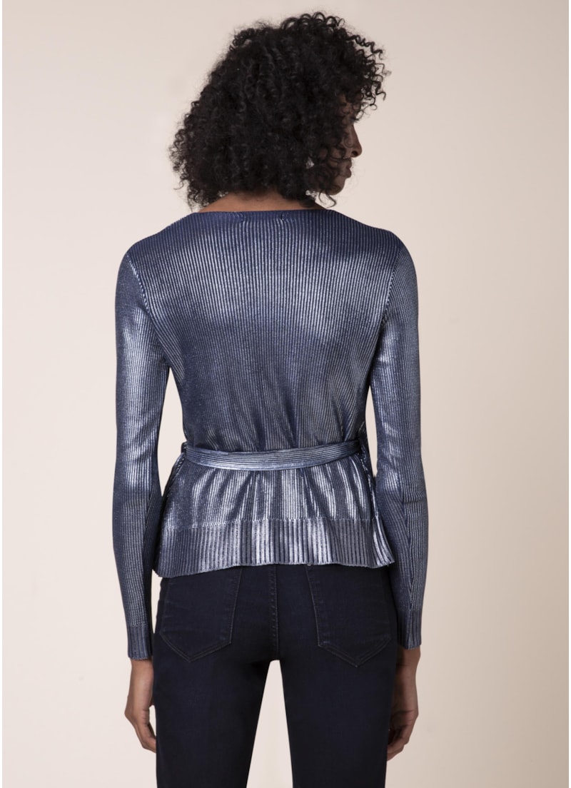 Blusa Tricot Transpassada Brilho Petroleo