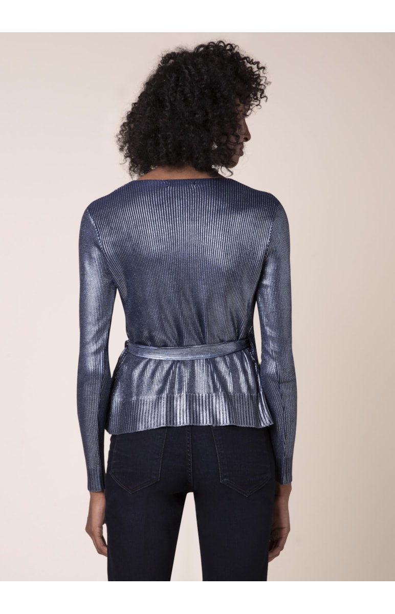 Blusa Tricot Transpassada Brilho Petroleo