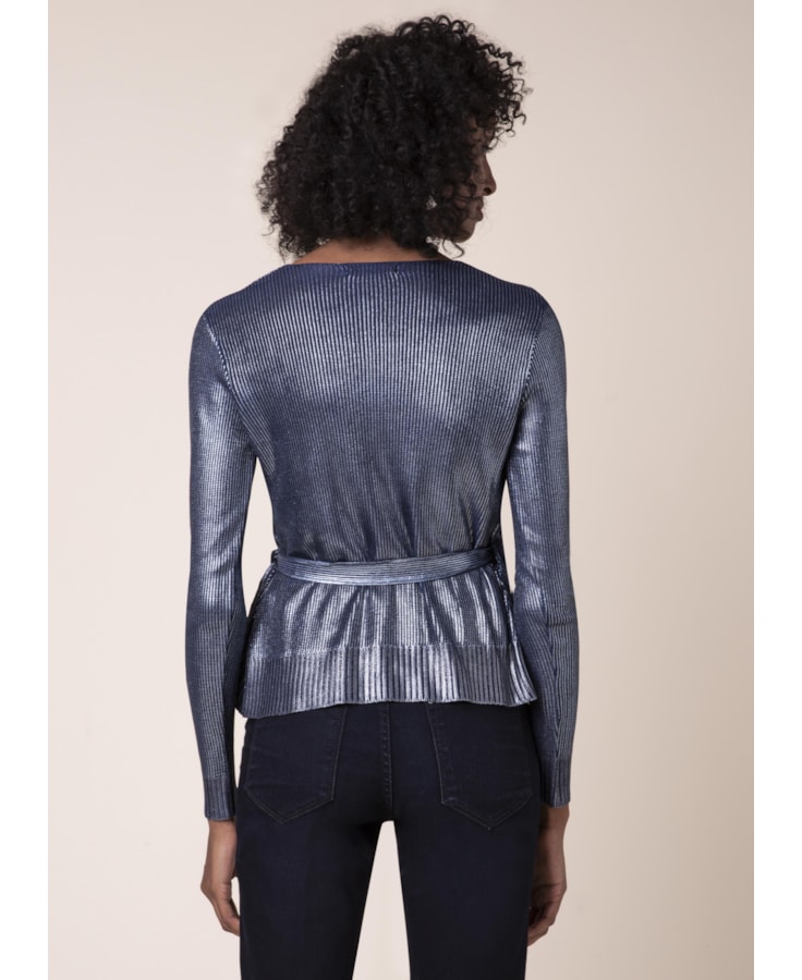 Blusa Tricot Transpassada Brilho Petroleo