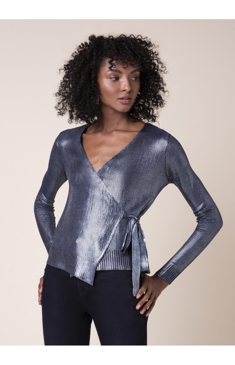 Blusa Tricot Transpassada Brilho Petroleo