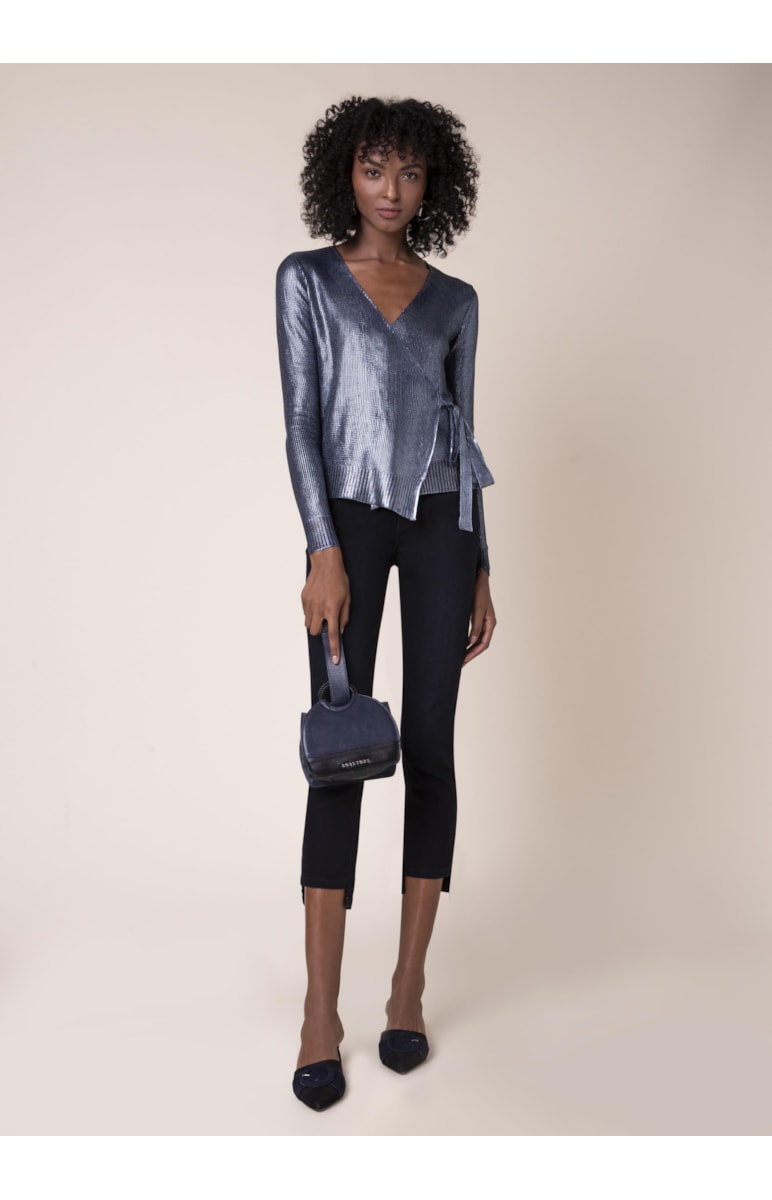 Blusa Tricot Transpassada Brilho Petroleo