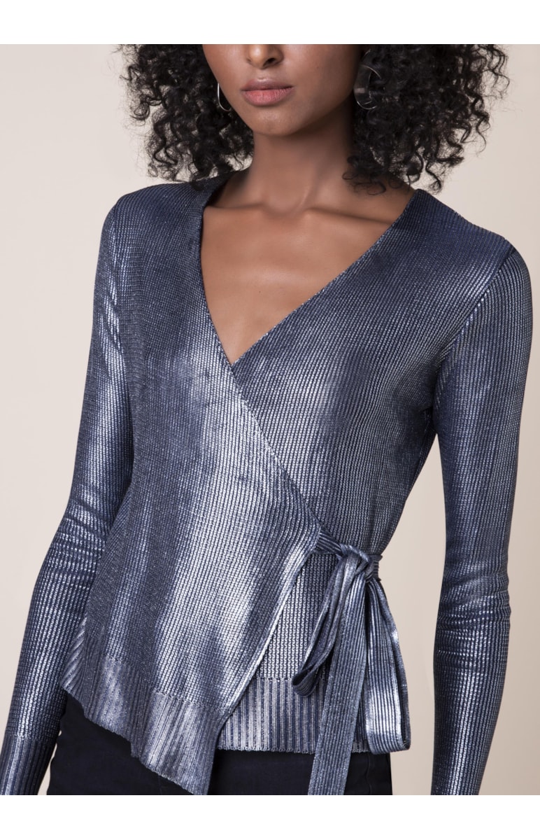 Blusa Tricot Transpassada Brilho Petroleo