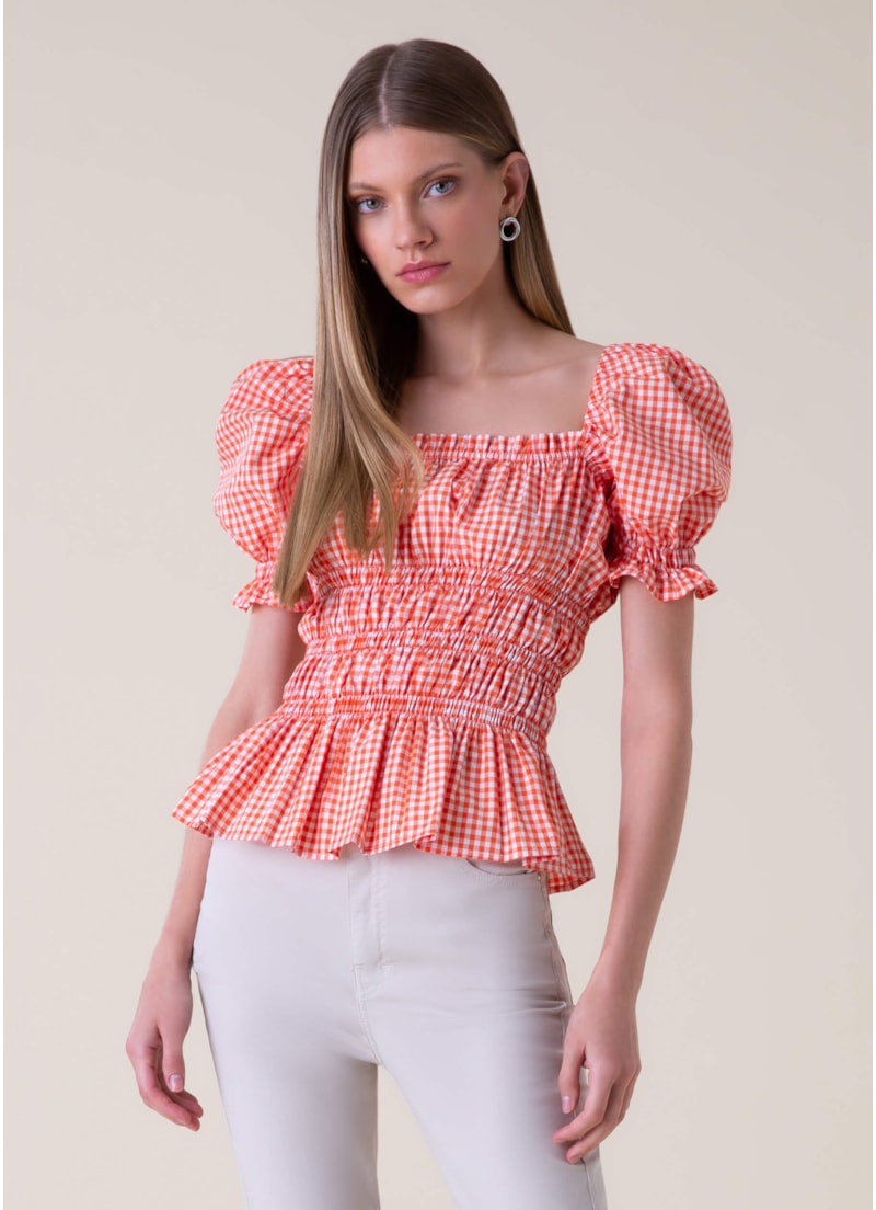 Blusa Vichy Manga Bufante Est. Xadrez Laranja