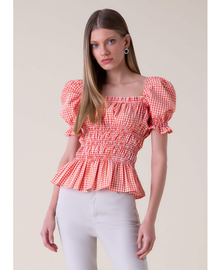 Blusa Vichy Manga Bufante Est. Xadrez Laranja