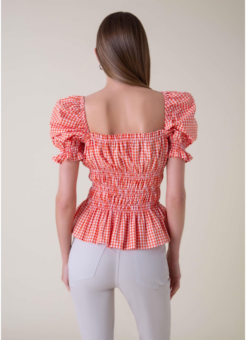 Blusa Vichy Manga Bufante Est. Xadrez Laranja