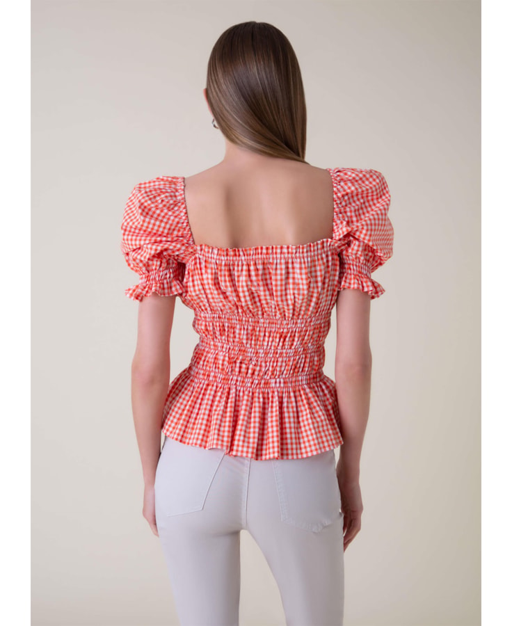 Blusa Vichy Manga Bufante Est. Xadrez Laranja