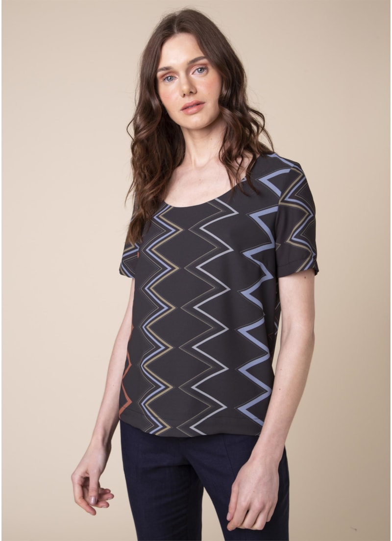 Blusa Zig Zag Estampado C/ Fundo Marinho