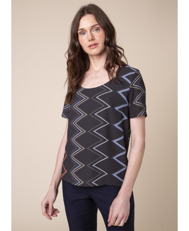 Blusa Zig Zag Estampado C/ Fundo Marinho