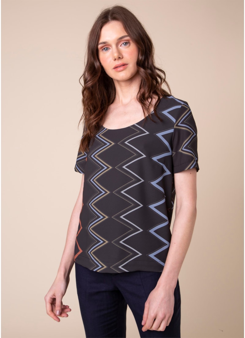 Blusa Zig Zag Estampado C/ Fundo Marinho
