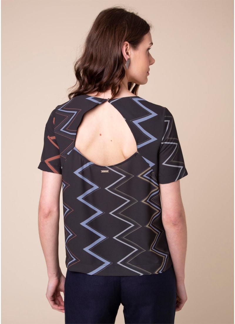 Blusa Zig Zag Estampado C/ Fundo Marinho