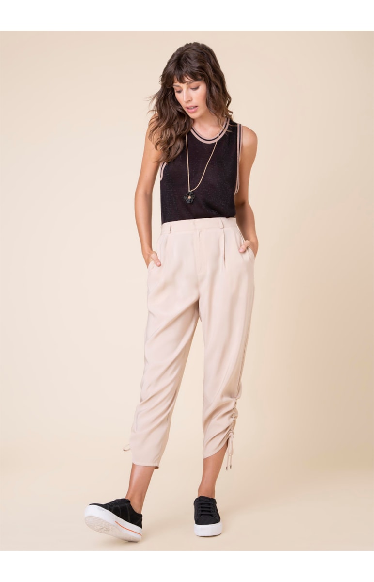 Calça Baggy Barra Franzida Bege