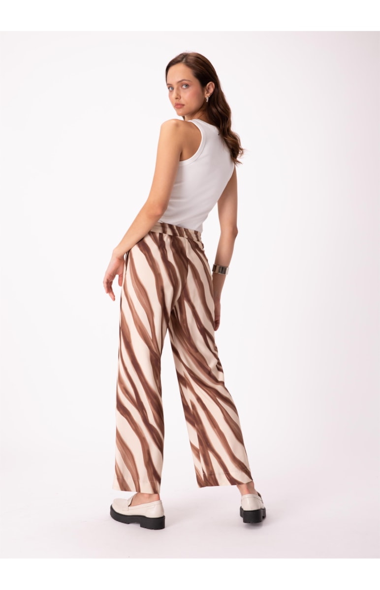 Calça Estampada Savana Reta Cos Com Cana Marrom