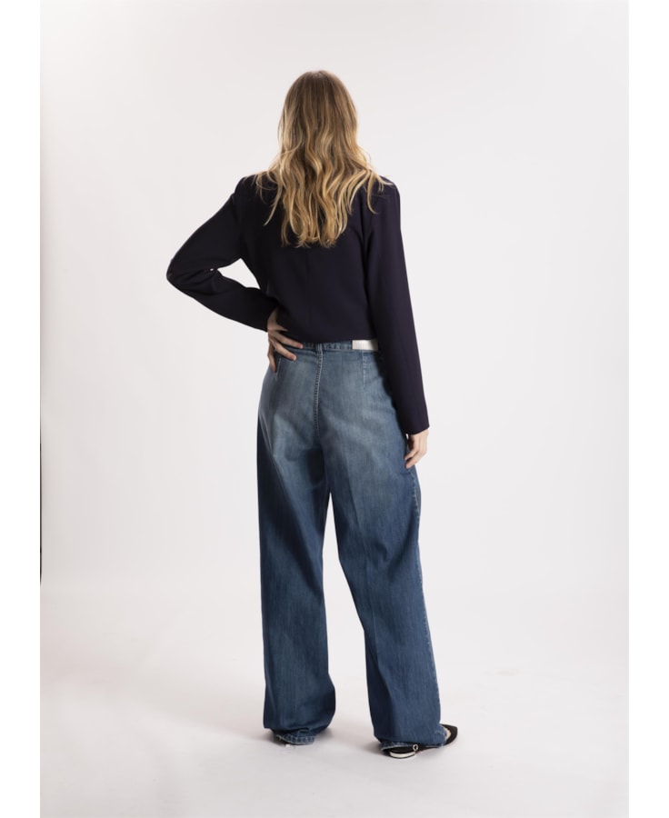 Calça Hi Comf Dark Indigo Wide Leg Prega 431 Lav.Med. C/ Destroyer