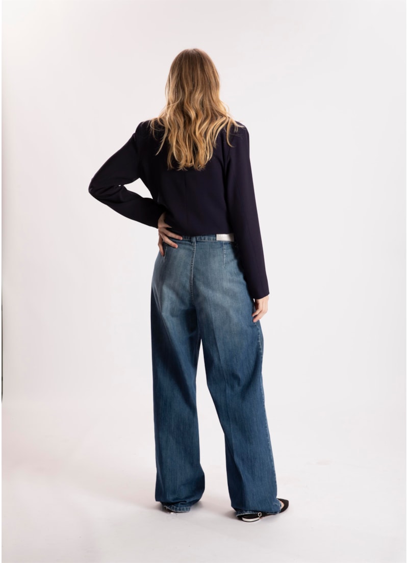 Calça Hi Comf Dark Indigo Wide Leg Prega 431 Lav.Med. C/ Destroyer