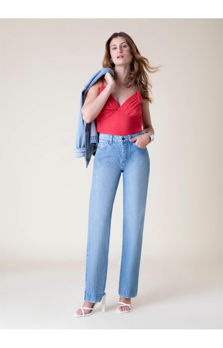 Calça Jeans Denim Reta Lavagem Média