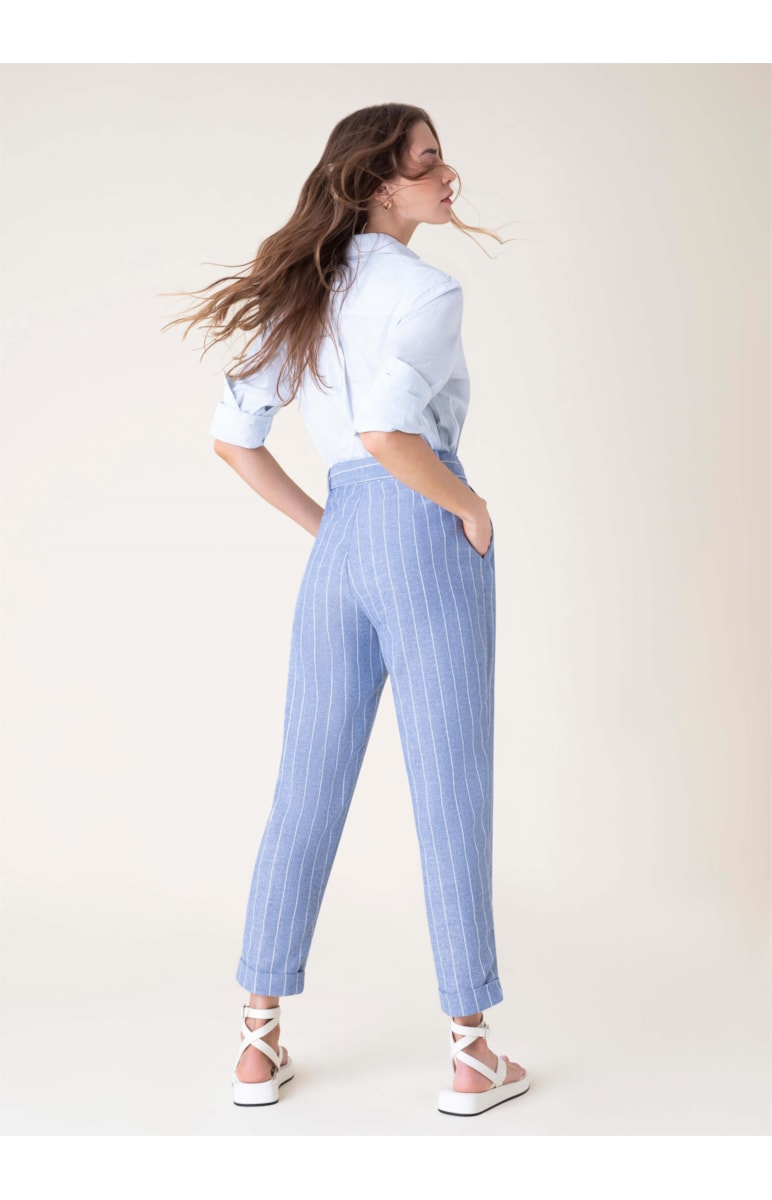 Calça Linho Listras Zanzibar Azul Bic