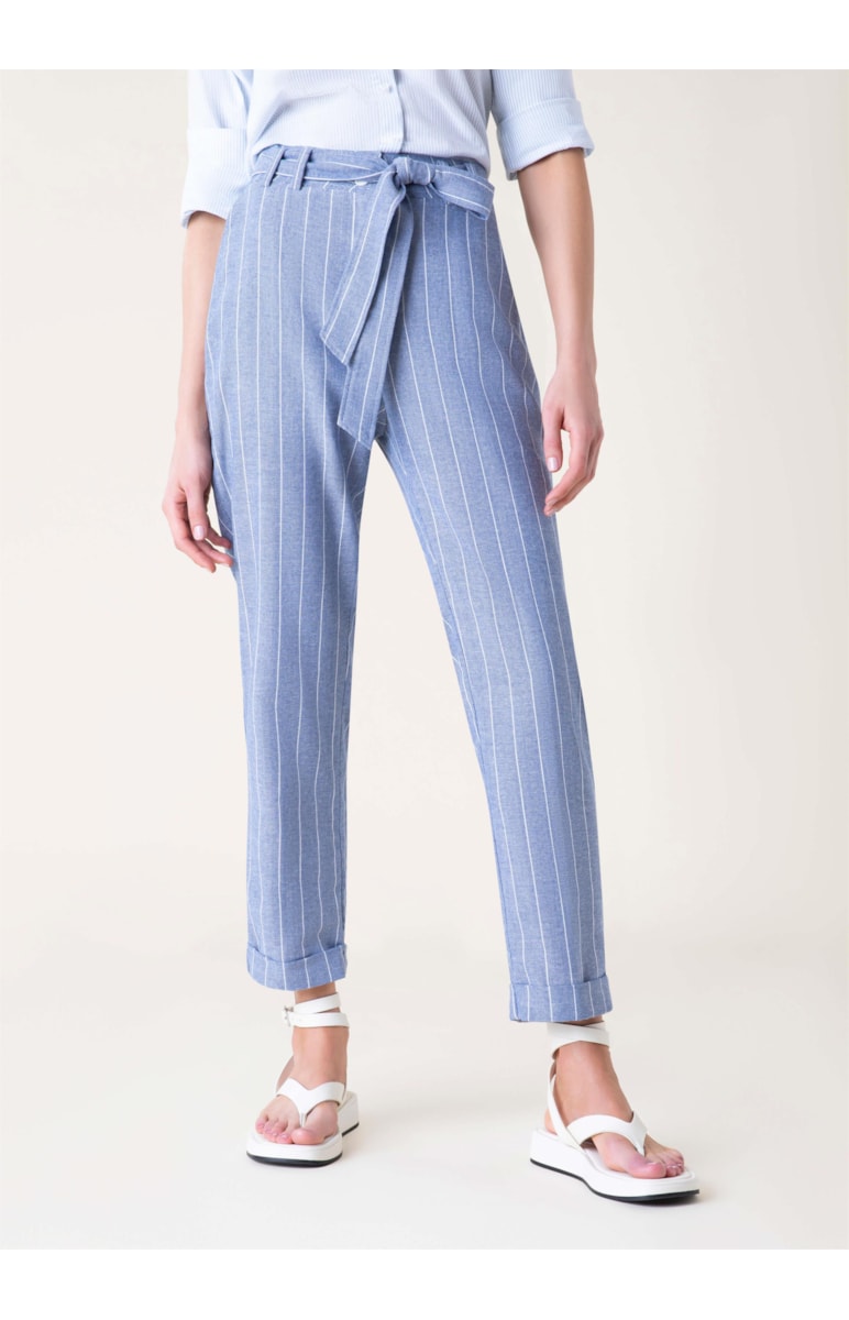 Calça Linho Listras Zanzibar Azul Bic