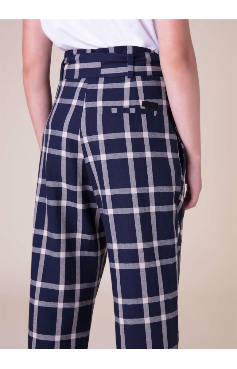 Calça New Clochard Xadrez Linho Marinho