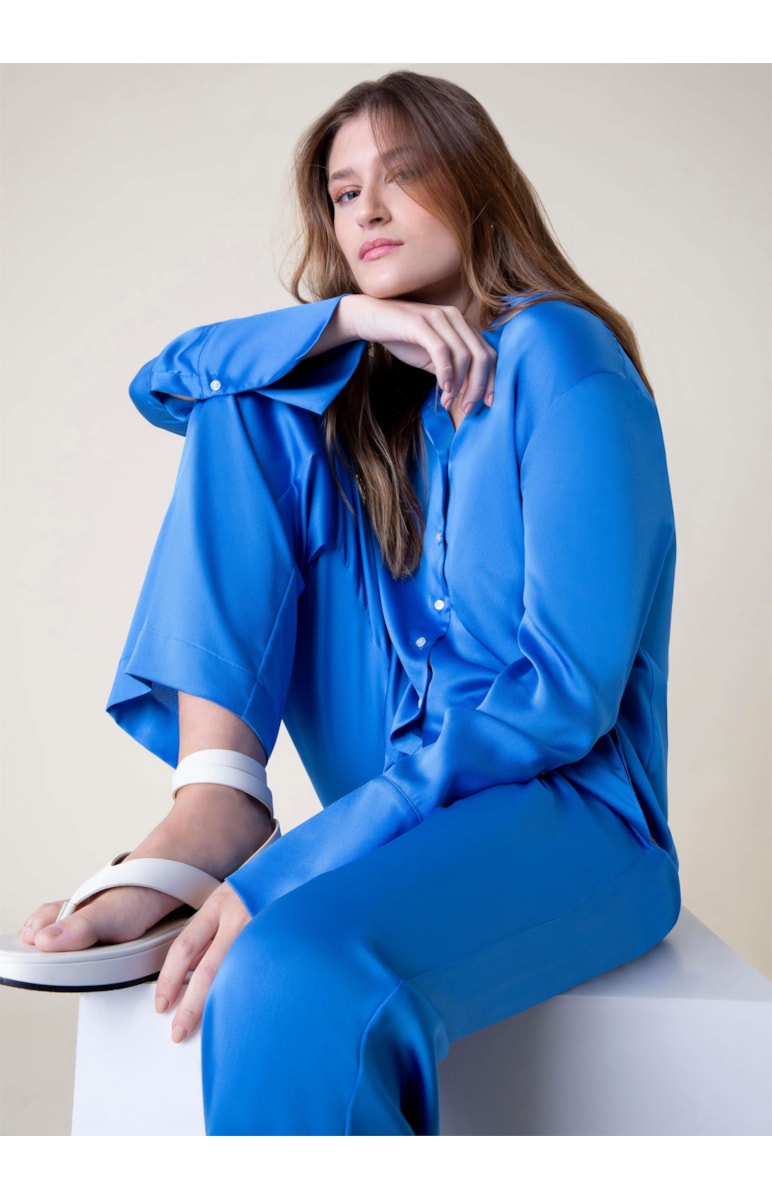 Calça Reta Cetim Azul Bic
