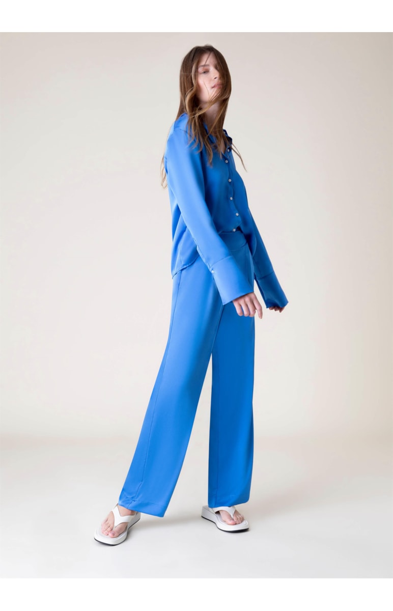 Calça Reta Cetim Azul Bic