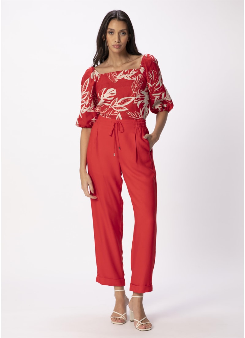 Calça Reta Crepe Viscose Cós Elástico Vermelho