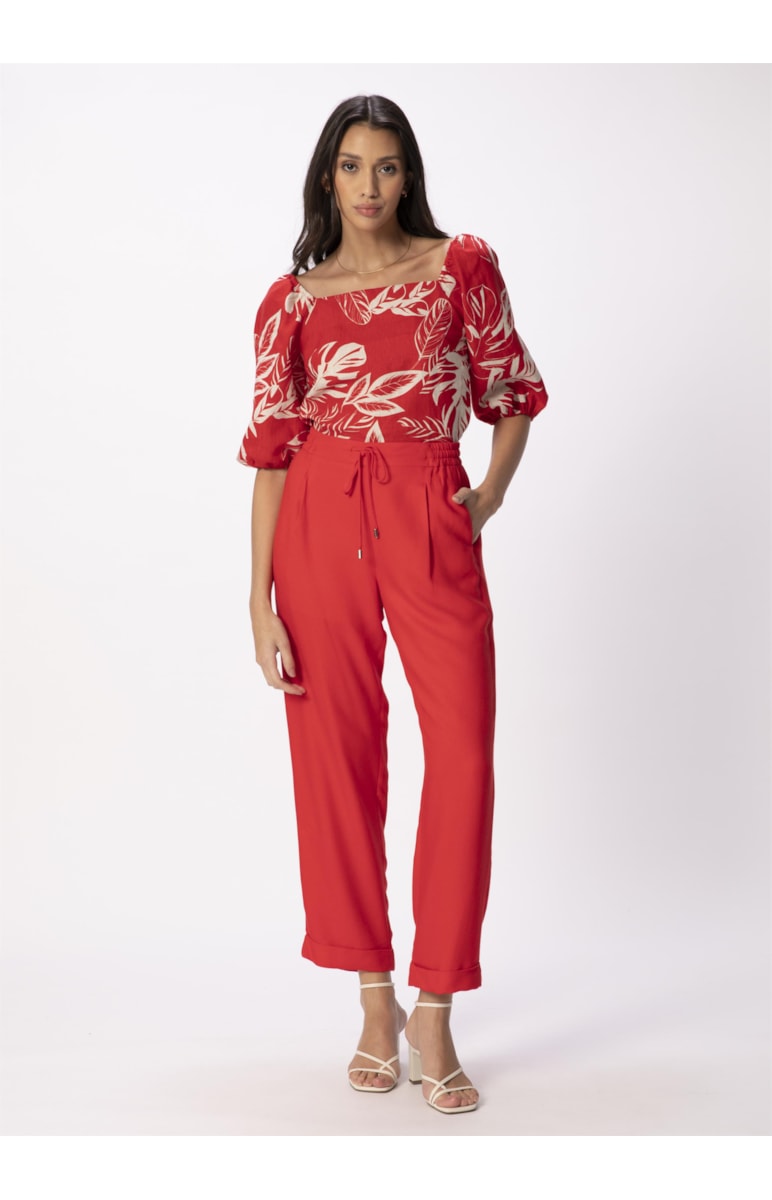 Calça Reta Crepe Viscose Cós Elástico Vermelho
