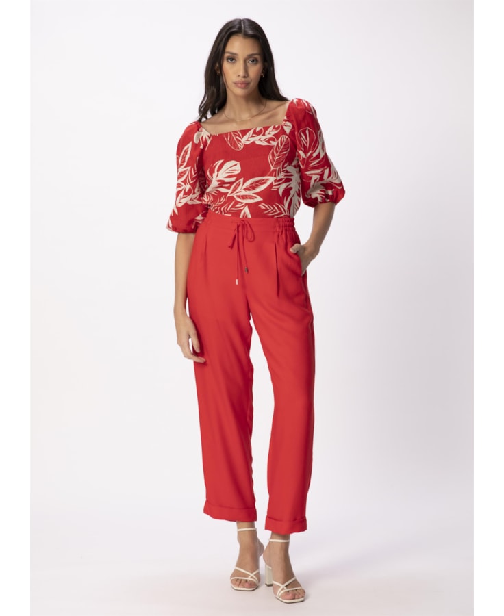Calça Reta Crepe Viscose Cós Elástico Vermelho